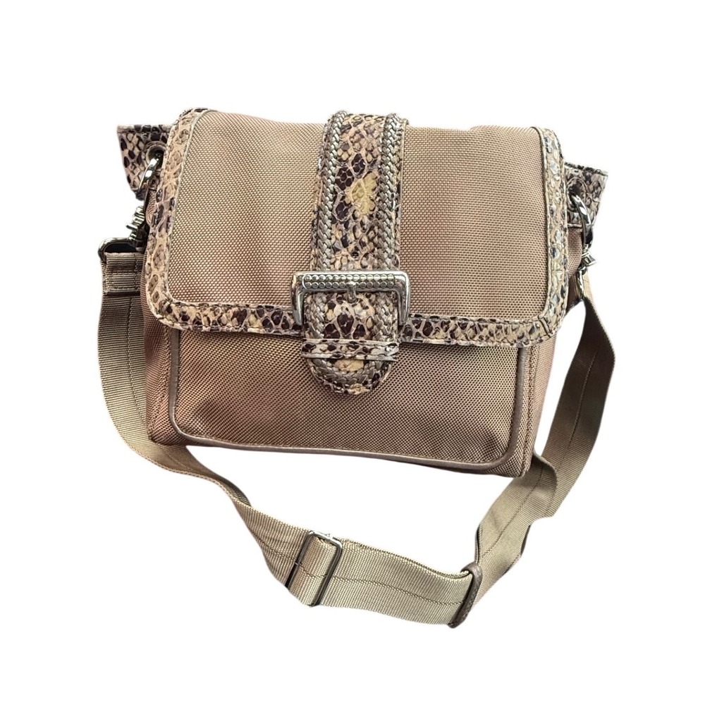 Brighton Tan Nylon Snakeskin Leather Trim Crossbody Bag E714471 Brown‎ Silver